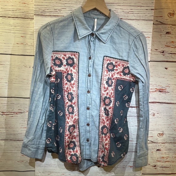 Free People Born Free Cowgirl Chambray Blue Button Up - size S - Picture 2 of 6